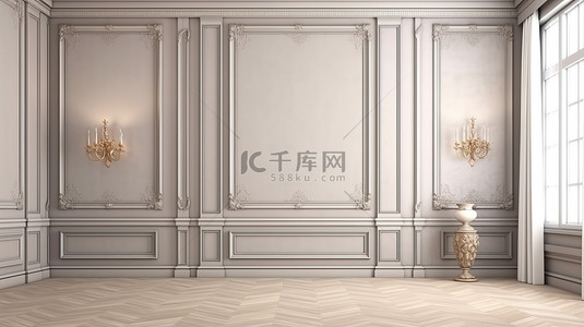 椅子海报背景图片_古典复古室内模型的空墙空间 3D 渲染插图