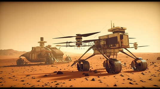 科幻科技空间背景图片_火星直升机和漫游者的 3d 插图
