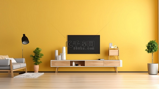 黄色墙壁背景图片_现代阁楼风格的客厅，黄色墙壁上安装有 LED 电视，木桌 3D 渲染