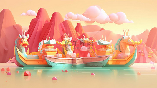 中式水墨山背景图片_端午节水上龙舟红色的远山