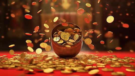 农历新年横幅，金币落入 3D 渲染的锭中