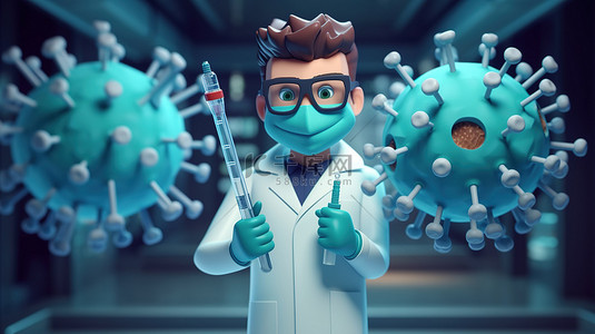 卡通医生角色 3D 渲染，用大注射器注射病毒疫苗