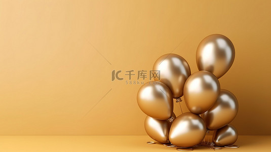 闪闪发光的金色气球在优雅的背景下 3D 渲染插图与复制空间