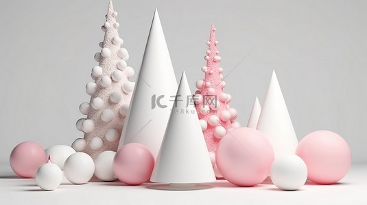 节日圣诞节场景白色讲台粉红色锥形圣诞树和球体在 3d 渲染在白色背景上