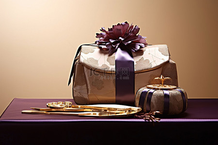 棕色桌子背景图片_桌子上有一个棕色书包和两个钱包