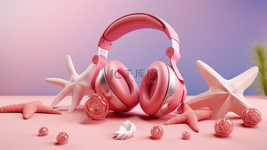 粉色耳机太阳镜海星贝壳充气球和拖鞋的夏日氛围，适合海滩 3D 渲染