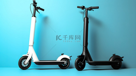 运动骑背景图片_蓝色背景上呈现的单色时尚且可持续的电动滑板车
