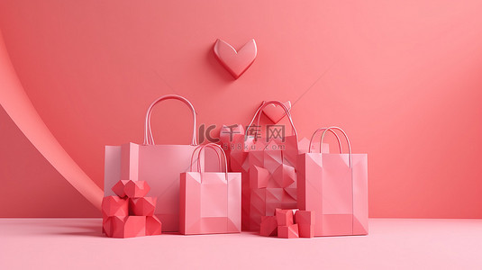 促销营销背景图片_情人节销售简约 3D 渲染，在柔和的背景下打开粉色礼品盒和购物袋