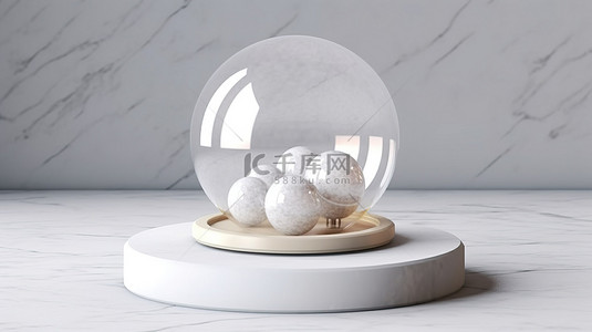 白色大理石基座上的空白雪球，配有匹配的托盘 3D 渲染
