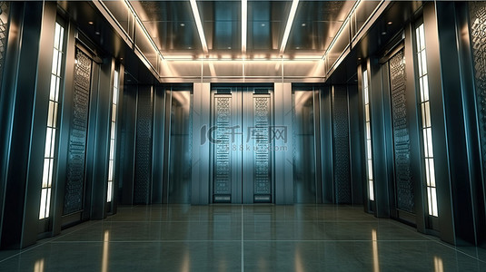 关闭电梯背景图片_光滑的金属电梯门关闭在照明建筑 3D 渲染中