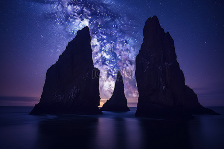 星星夜空背景图片_两块高大的岩石，远处是乳白色的