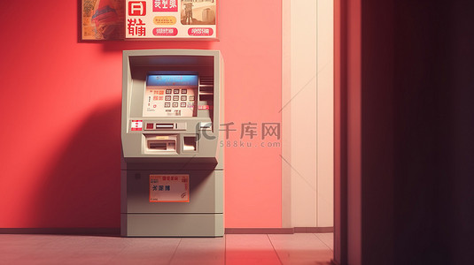 纸币机背景图片_从 ATM 机提取日元纸币的 3D 插图