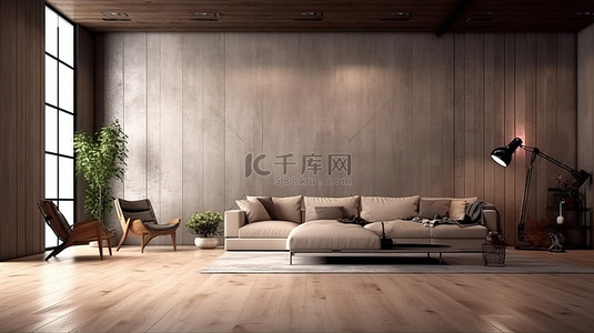 时尚现代的客厅配有混凝土墙聚光灯和 3D 渲染的木地板