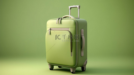 旅游模板背景图片_柔和照明的绿色旅游拉杆包样机的 3D 渲染