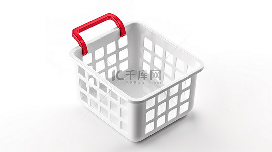 推购物背景图片_孤立的白色背景，带有 3d 渲染的方形按钮图标和红色购物篮