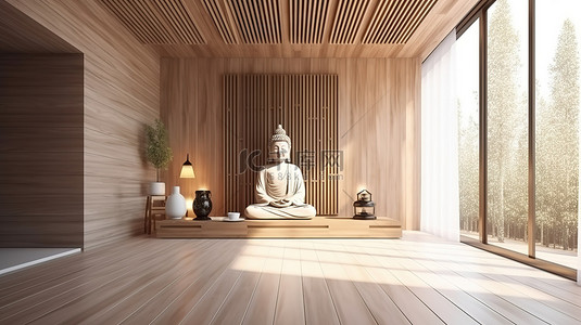 祈祷背景图片_阳光明媚的现代佛堂祈祷室，带木头和白色特色墙，3D 渲染