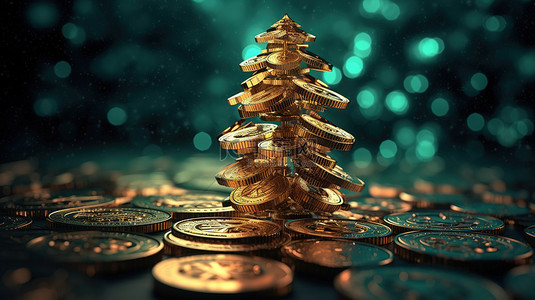 3D 插图加密货币渲染与节日互联网计算机和圣诞树装饰的节日