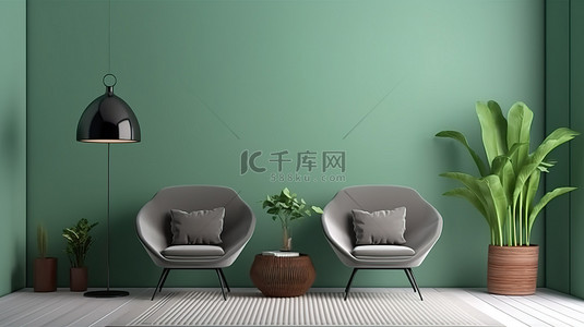 绿墙客厅的 3D 渲染，配有桌椅和家居室内样机装饰