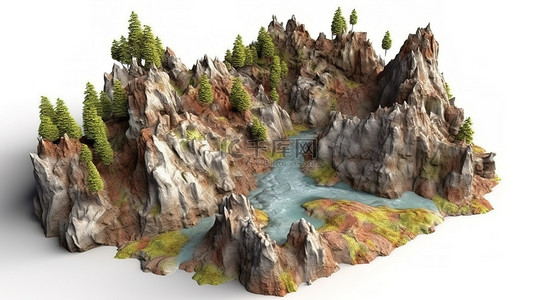 白色背景上等距风格岩石形成的 3D 景观的孤立视图