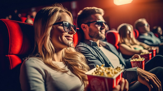 可爱的二人组戴着 3D 眼镜在电影院享受电影约会之夜