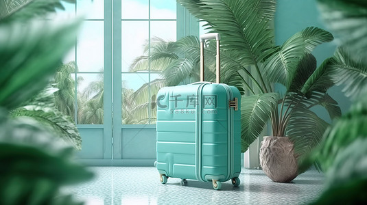 椰子叶动图背景图片_柔和的蓝色和绿色背景上的热带棕榈树和椰子叶印刷行李袋的 3D 渲染