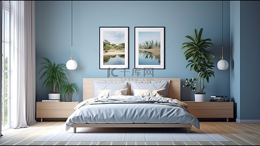 现代卧室内部的 3D 渲染，蓝色墙壁，木地板上有框架模型，床边有茂密的植物