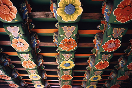木质结构的天花板，带有花朵图案