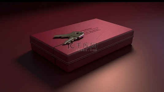 ppt晚宴背景图片_带有时尚包装盒的品牌栗色皮革钥匙链的 3D 渲染