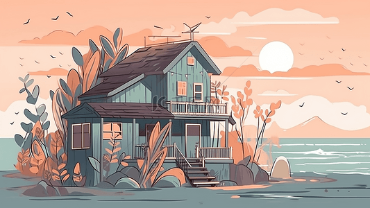 卡通房子海边景色