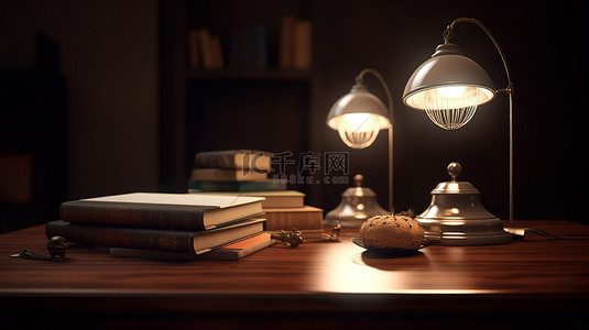 桌子上装饰着书籍和灯，令人惊叹的 3D 渲染