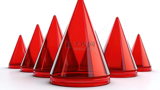 白色背景上具有反射的 6 或 7 级 3D 红色金字塔切片的圆锥形物体
