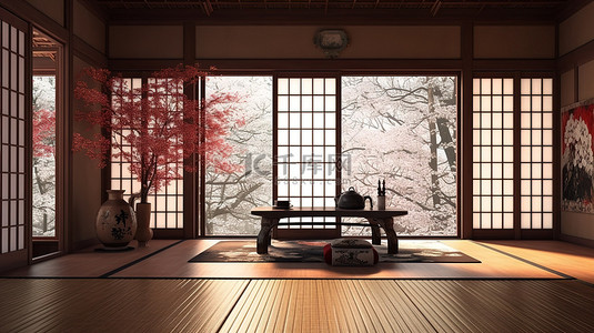 京都背景图片_禅宗风格的京都风格日式房间 3d 渲染