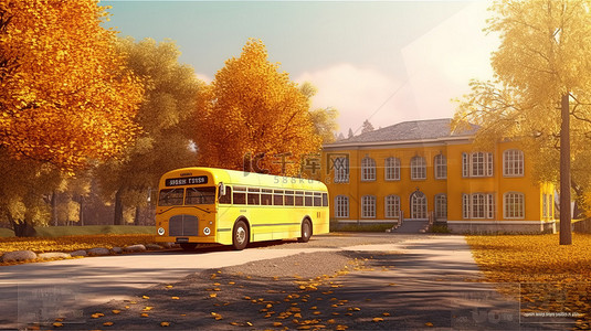 秋天风景黄色背景图片_秋天的荣耀校舍和黄色巴士在美丽的风景 3d 渲染中