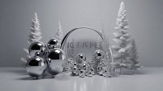 简约冬季主题灰色和银色抽象 3D 渲染