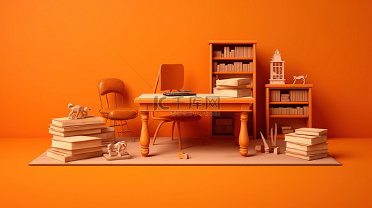 背景书桌背景图片_橙色背景教育书桌和书本的 3D 表示