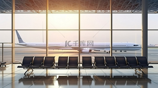 机场信息屏幕的 3D 渲染，通过带有座位的窗户可以看到跑道和飞机