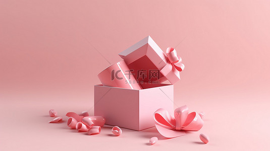粉絲丝带背景图片_极简主义情人节销售概念粉色开放式礼品盒，3D 渲染中柔和的背景上带有丝带
