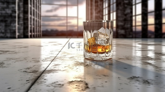 威士忌酒杯放在 3D 渲染的混凝土地板上