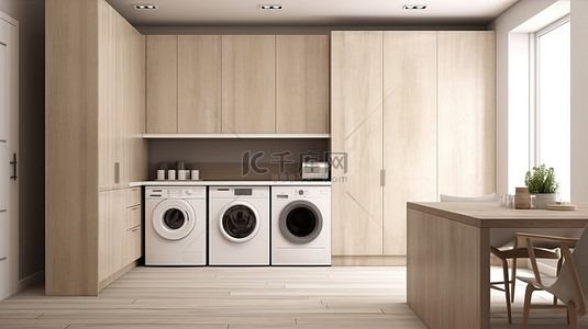 木头现代洗衣房和厨房 3D 渲染