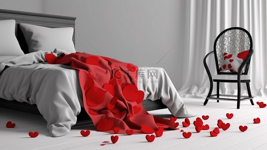 情人节爱情装饰，床上椅毯和枕头上有红心，3d ren