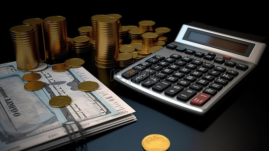 收入管理背景图片_用于管理收入的计算器硬币和钱包的 3D 渲染