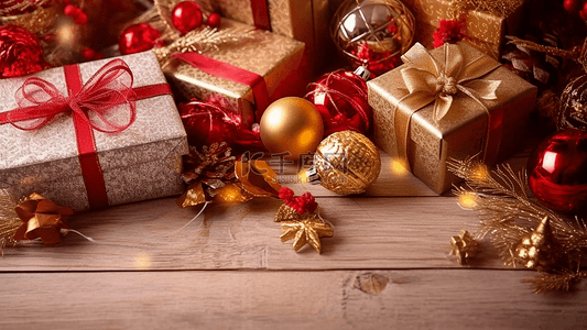 飘带金色背景图片_圣诞节唯美冬季金色木板礼品盒