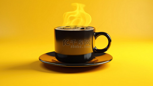 海报背景咖啡店背景图片_咖啡杯的 3D 渲染，在充满活力的黄色背景上用黑色咖啡作为咖啡馆的象征