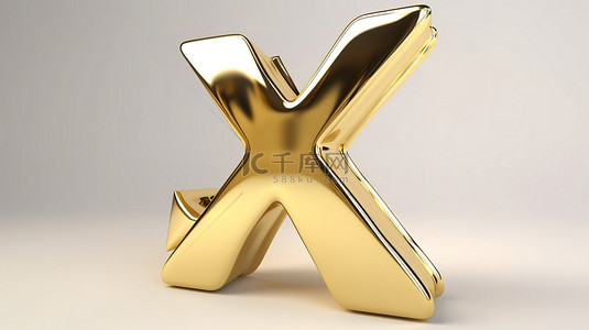 白色背景中突出的字母 x 的金色金属 3d 渲染