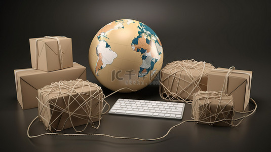 包物流背景图片_数字地球地球与鼠标连接的 3d 包网络