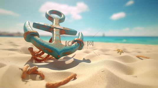阳光明媚的沙滩上航海锚和救生圈的特写 3D 渲染