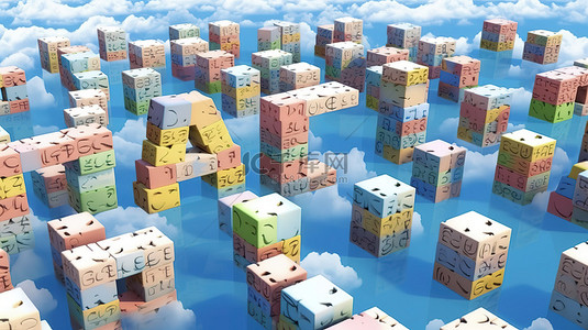 在 3D 渲染中拼写出“数学块”的多云字母块