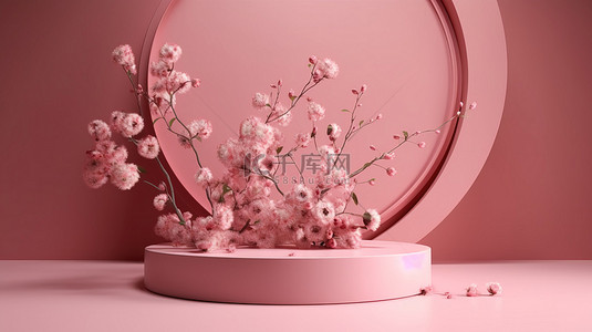 3d 渲染奢华简约时尚展示与粉红色抽象背景上的春天花朵