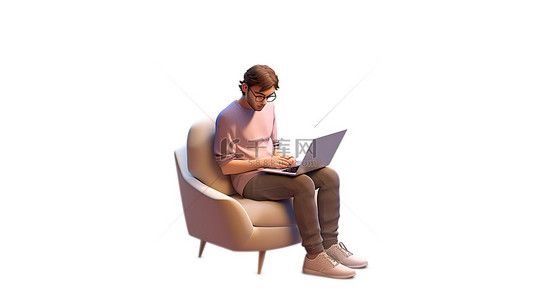 在笔记本电脑上工作的轻松男性的家庭 3D 渲染