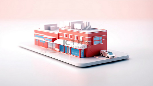 数字购物插图在线商店，白色背景上抽象智能手机上有突出的建筑3D 渲染